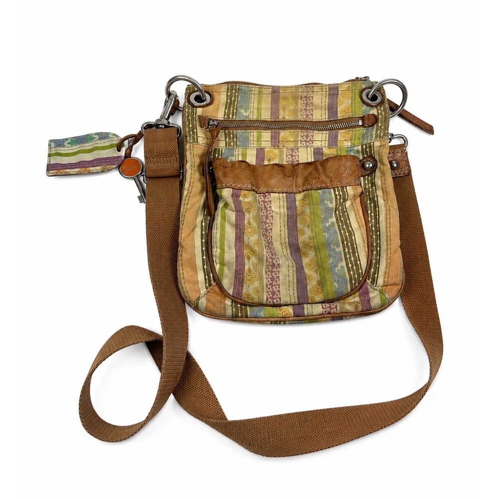 Fossil Key-Per Vintage Y2K Multi Stripe Boho Canvas Leather Crossbody Bag